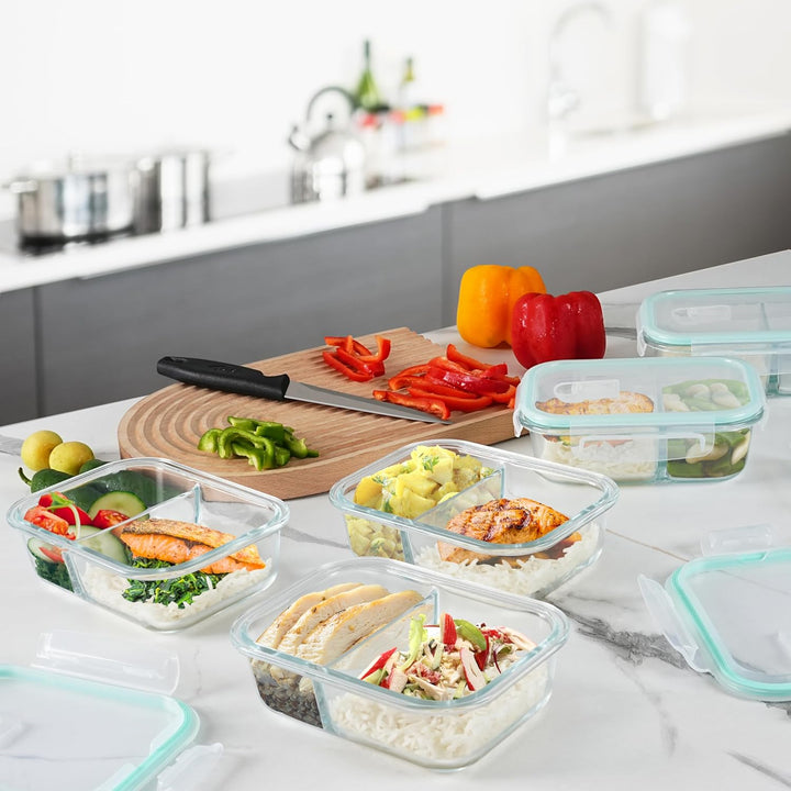 Winter Shore Meal Prep Boxen Glas mit 2 Fächern (5er-Pack) - Lebensmittelsichere, BPA-Freie, Auslauf