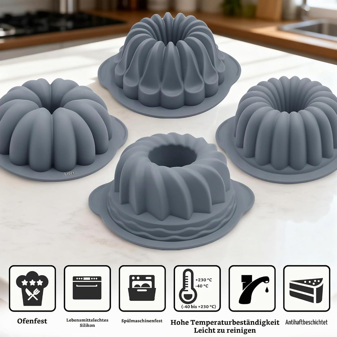 Tongjude 4 Stück Silikon Riffelkuchenformen, 10 Tassen Rohr Backform, Antihaft-Küche Ofen Backformen