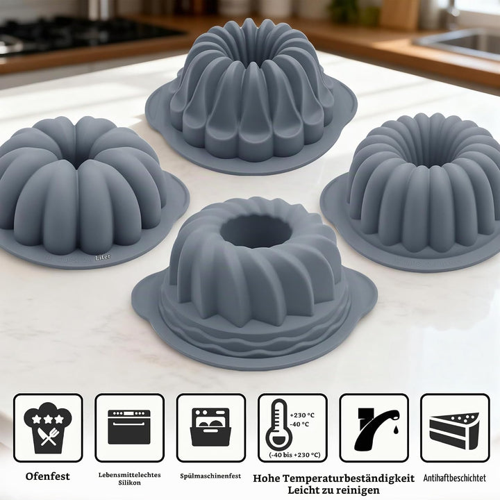Tongjude 4 Stück Silikon Riffelkuchenformen, 10 Tassen Rohr Backform, Antihaft-Küche Ofen Backformen