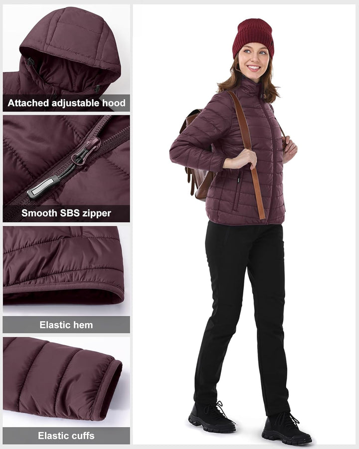 Outdoor Ventures Damen Steppjacke Leichte Packbare Übergangsjacke Warme Winterjacke mit Kapuze für F