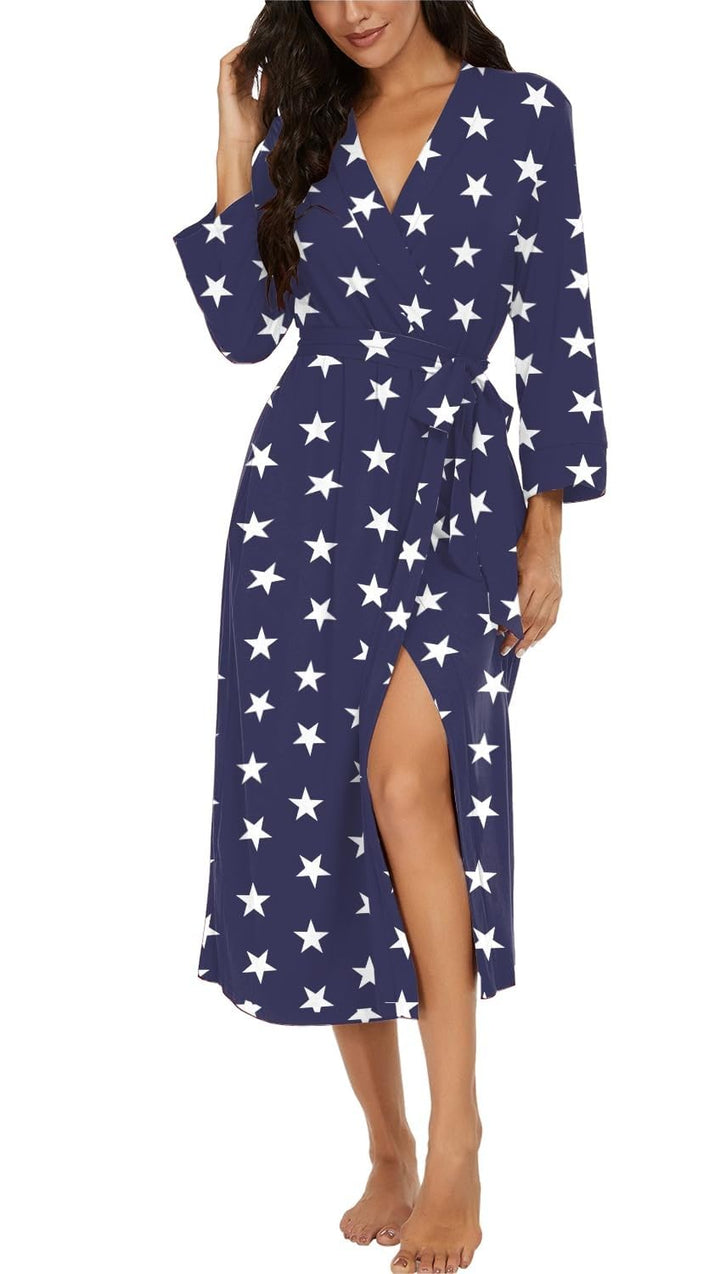 PrinStory Damen Bademantel Leichter 3/4 Ärmeln Morgenmantel V-Ausschnitt Kimono Roben Langes Nachtwä
