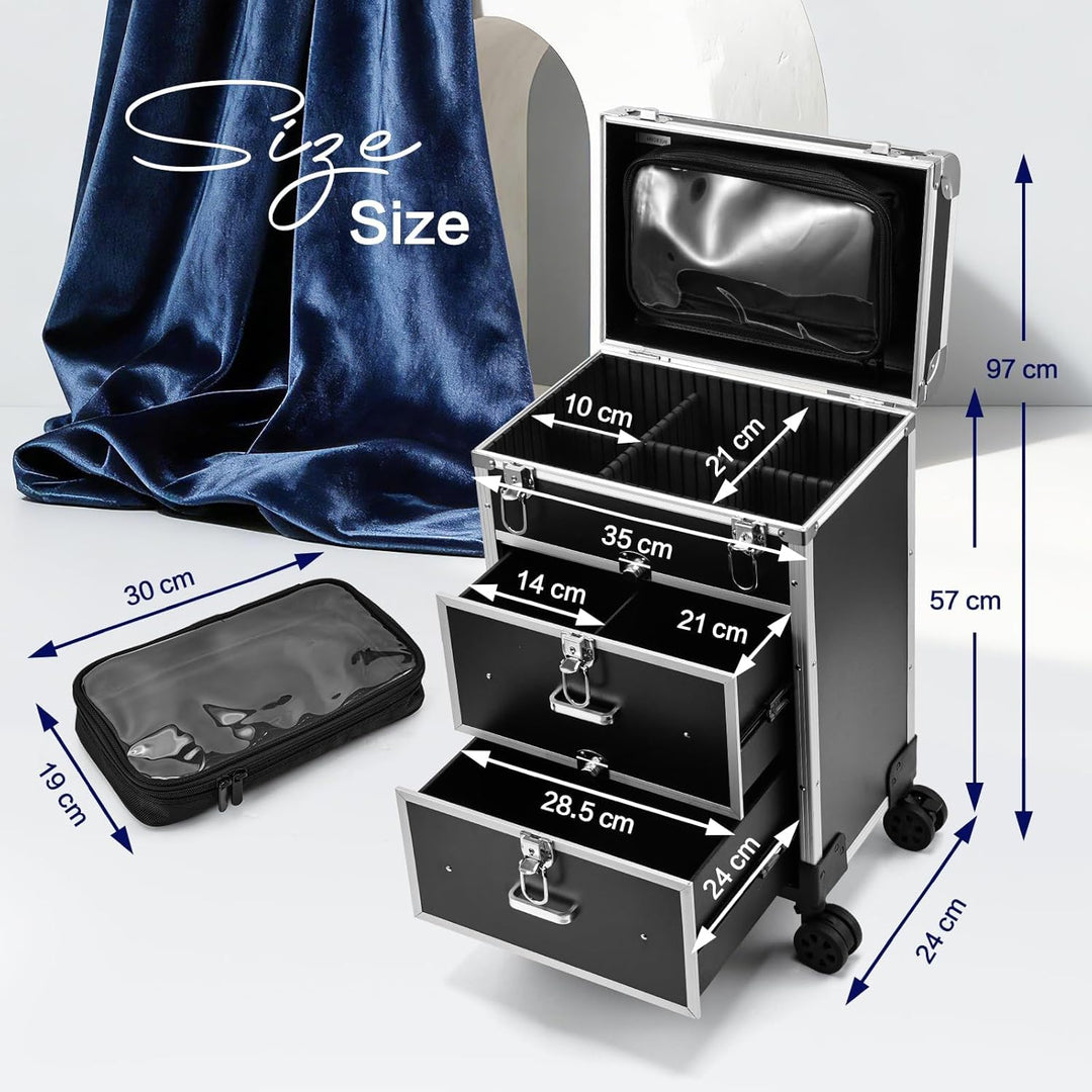 Kosmetik Trolley mit 2 Schubladen Friseurkoffer Gross Kosmetikkoffer Ngaelkoffer Make up Koffer mit