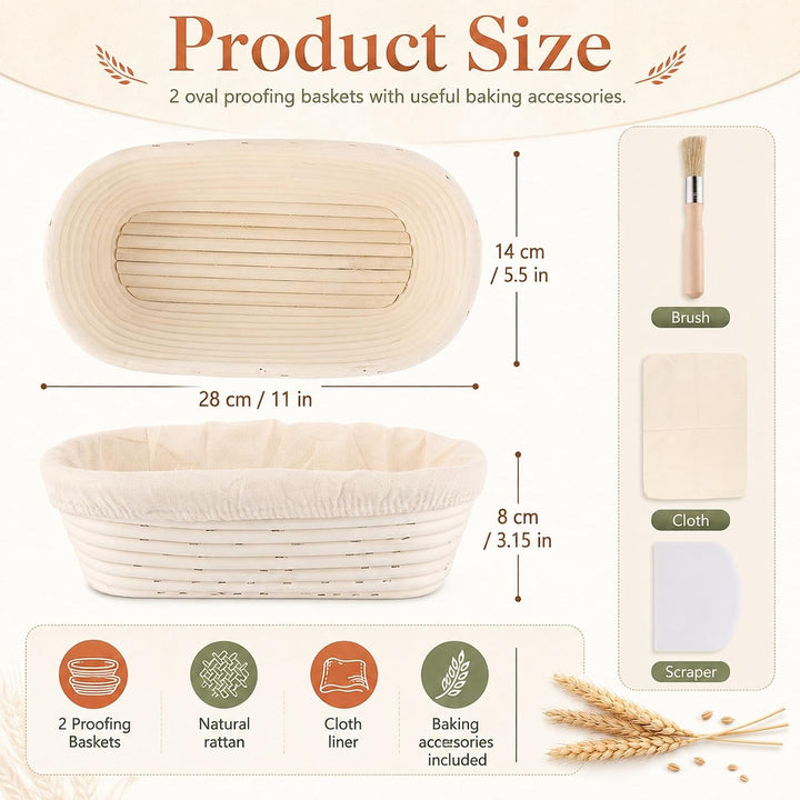 2 Stück Gärkörbchen Oval 28 cm, Gärkörbchen für Brot, Gärkorb Brot mit Bürste und Kunststoffspachtel