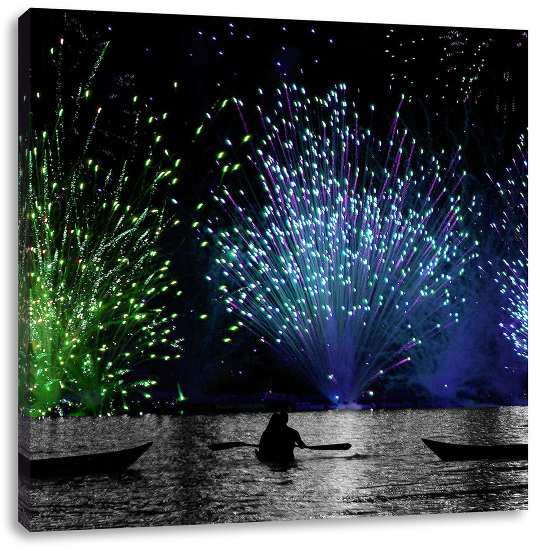 Pixxprint Feuerwerk auf dem Wasser / 70x70cm Leinwandbild bespannt auf Holzrahmen/Wandbild Kunstdruc