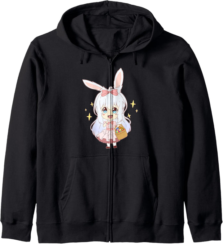 Japanische Anime Ostermädchen Kawaii Hasenohren und Eiersuche. Kapuzenjacke