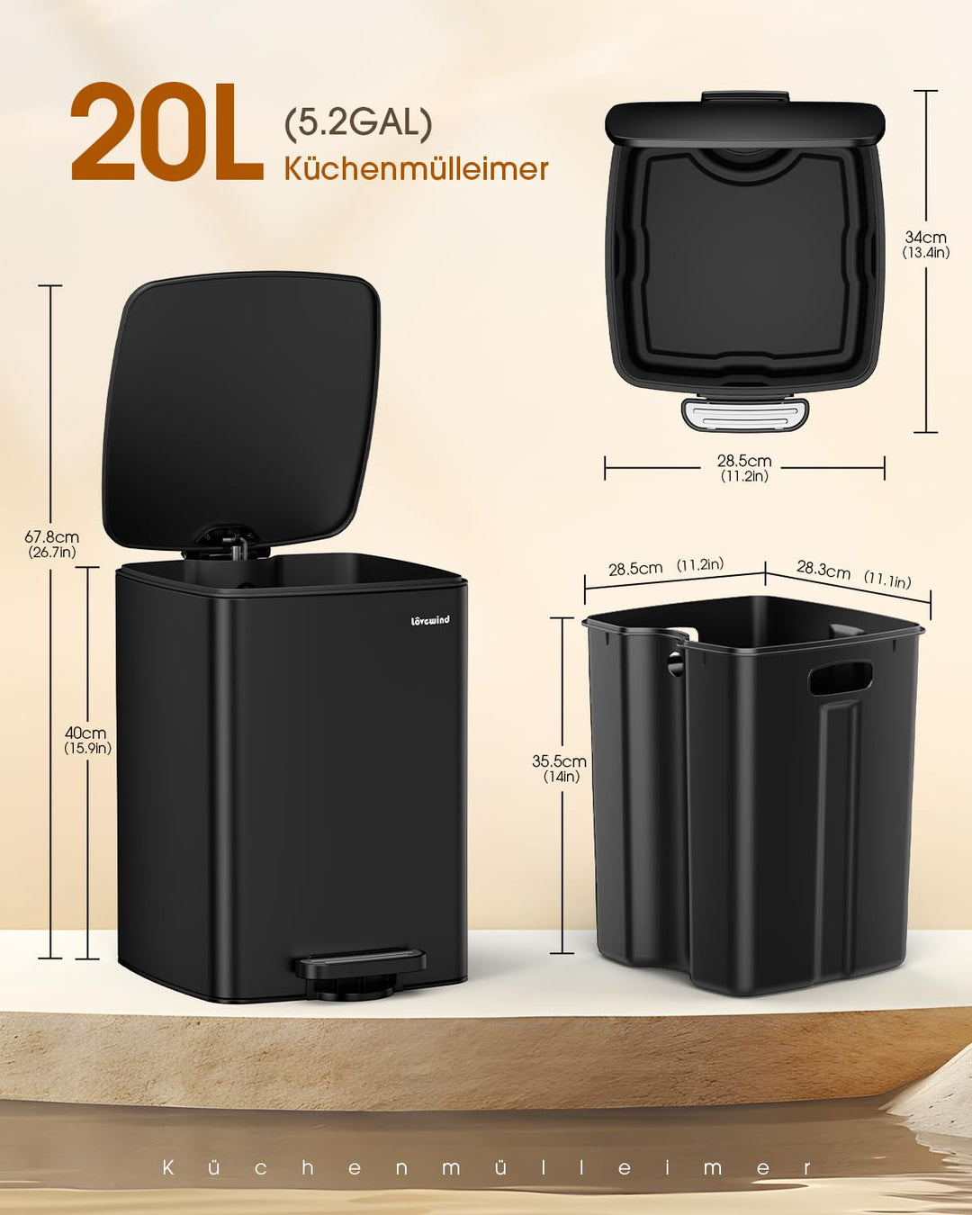 lovewind Küchenabfalleimer, 20L Schwarzer Mülleimer aus Edelstahl mit Pedal, mit Deckel und Inneneim