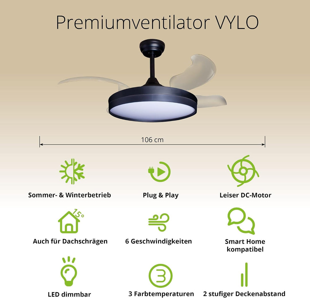 Eclipse Deckenventilator mit Beleuchtung, Leise mit 6 Windstufen, App | Fernbedienung, Sommer und Wi
