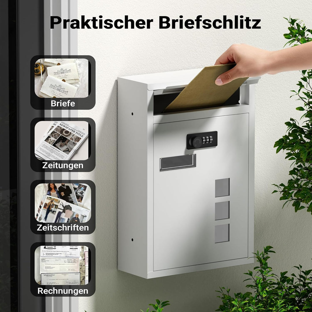 Wiltec Briefkasten weiss 215x320x90mm Briefkasten mit Zahlenschloss, Namensschild und Sichtfenster P