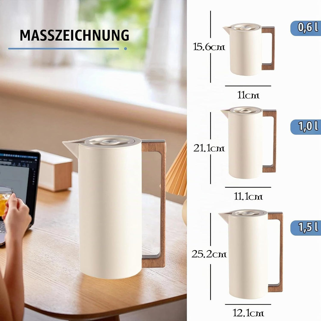 Thermoskanne Kaffeekannen Edelstahl Vakuum Isolations, Mit Holzgriff Und Einfachem Sicherheitsdruckk