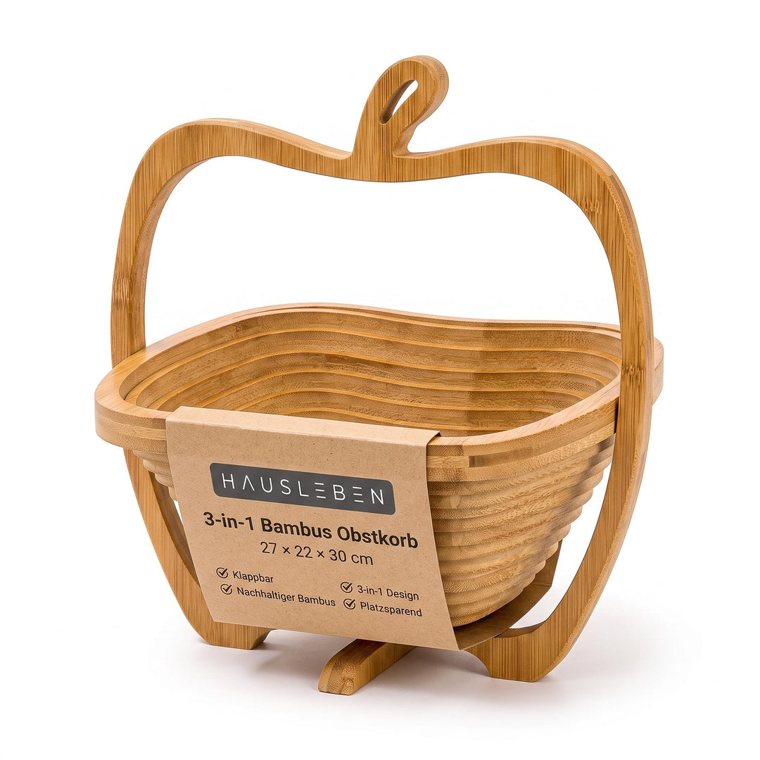 hausleben Obstkorb aus Bambus 3-in-1 Faltkorb – Obstschale, Gemüseschale &amp; Topfuntersetzer – Klappba