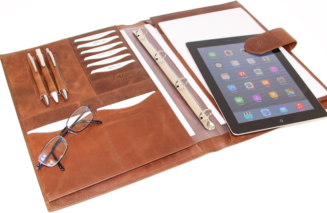 ALMADIH Leder A4 Konferenzmappe mit herausnehmbarem Ringbuch Briefblock aus Premium Rindsleder BD -