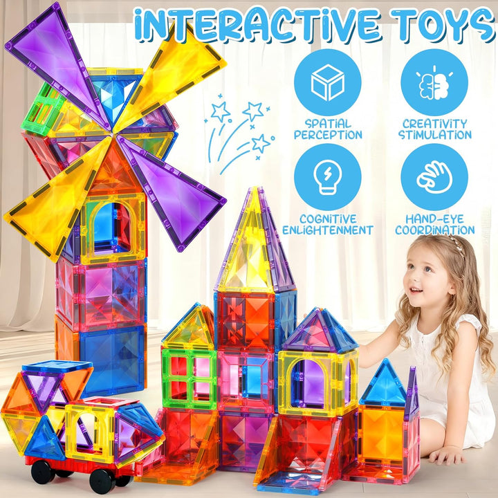 Magnetische Bausteine 60 Teile, Magnetbausteine Kinder Bauspielzeug Mit 1 Autos, Magnetic Tiles Lehr