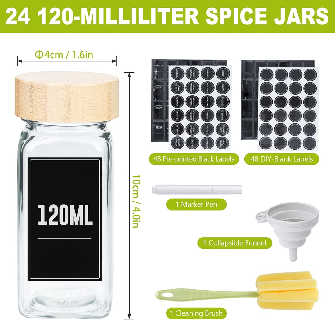 YRHome 24 Stück Gewürzgläser Eckig Set Gewürzglas Aus Glas Spice Jars 120ML Gewürzdosen Mit Etikette