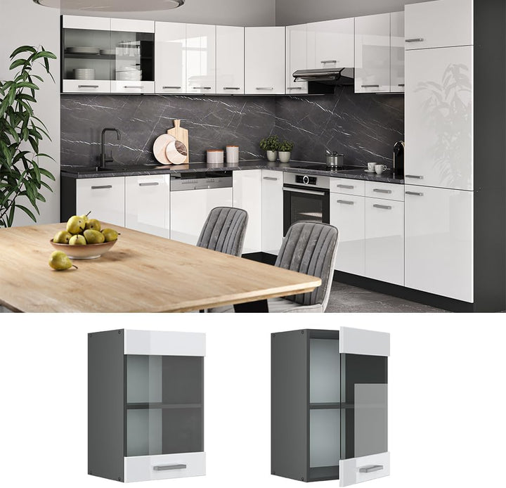 Vicco Küchenschrank Glas R-Line, Weiss Hochglanz/Anthrazit, 40 cm Weiss Hochglanz Hängeglasschrank 4