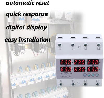 3-Phasen-DIN-Schienen-Voltmeter-Amperemeter-Multitester, AC 390‑500 V Automatischer Überspannungs-Üb