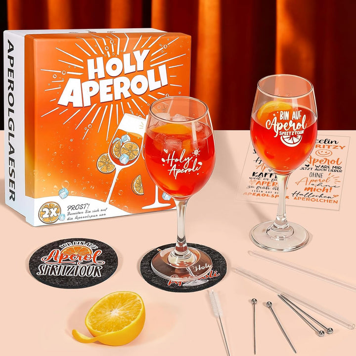 2er Set Apero Geschenkset - AperoGläser mit Gravur | Glasstrohhalme | untersetzer, CocktailGläser, A