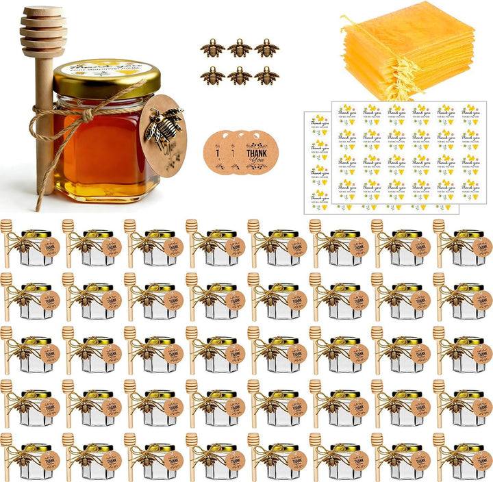 DnayDkiy 40er Set Mini Sechseckige Glas Honig Gläser mit Dippers und Charm-Anhängern - Perfekt als G