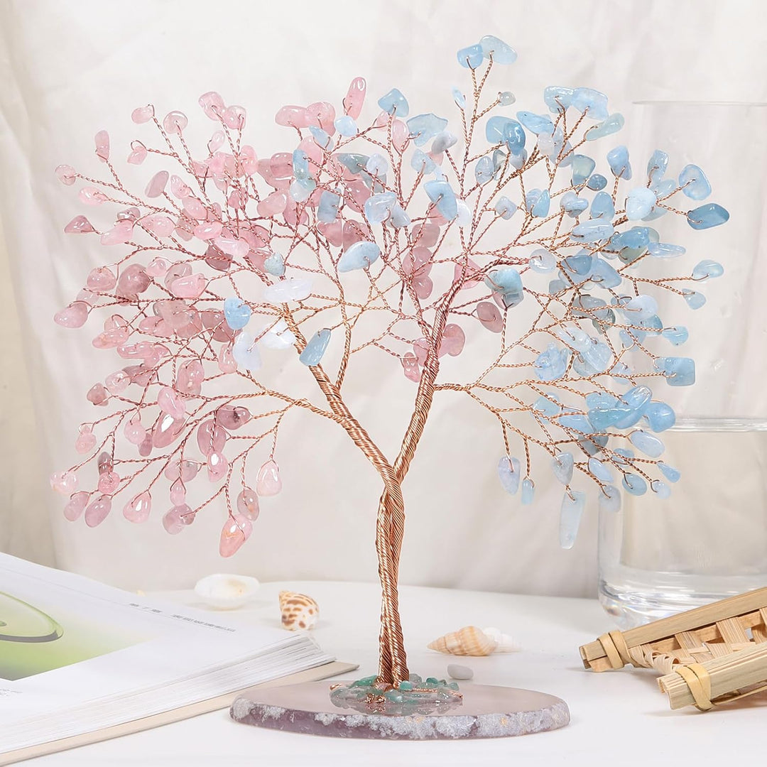 Nupuyai Rosenquarz & Aquamarin Kristallbaum mit Achat Stein Basis Feng Shui Edelstein Baum, Glücksba