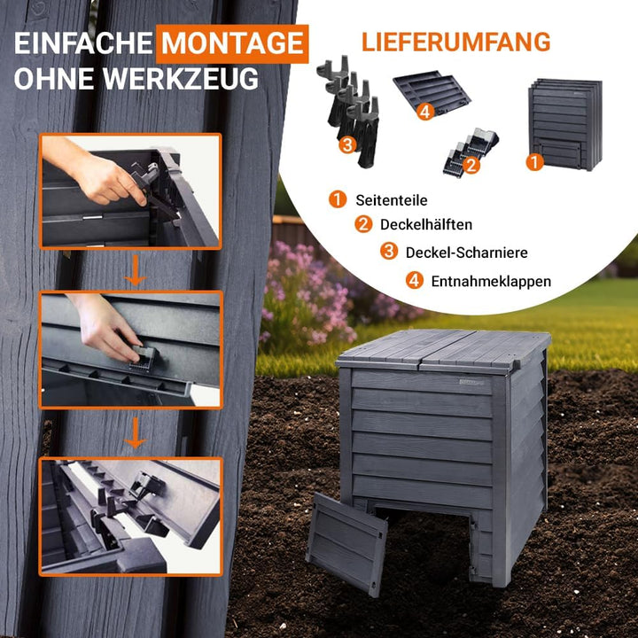 GARANTIA Thermo-Wood Komposter 400 Liter anthrazit-braun - Komposter Garten, Schnellkomposter, Abfal