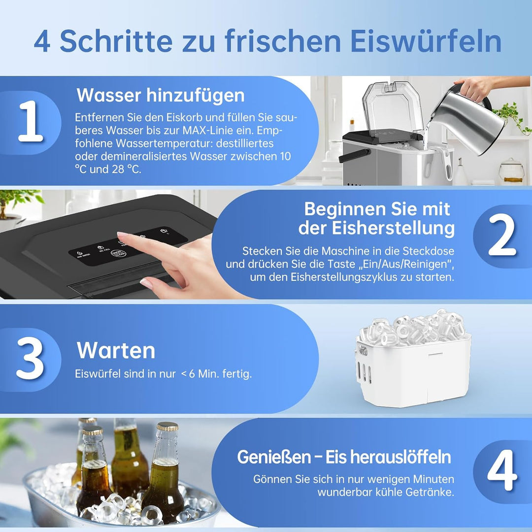 WIE Eiswürfelmaschine 1.3L/12KG Eiswürfelmaschinen Kleine mit Schaufel Wassertank 9 Würfel in 6 Minu