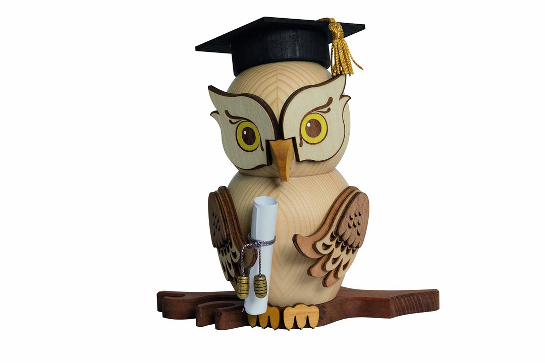 Drechslerei Kuhnert - Rauchfigur/ Räucherfigur - Eule "Bachelor" aus Massivholz - ca. 15 cm - Made i