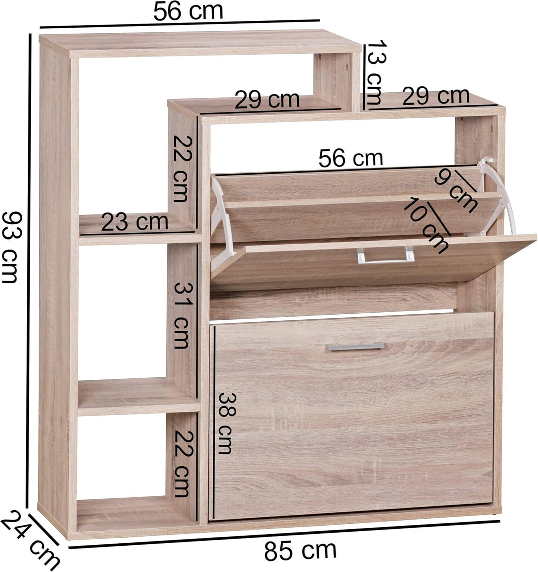 FineBuy Moderner Schuhkipper MASSA Holz 2 Fächer Sonoma Eiche 12 Paar Schuhe, Schuhschrank 85 x 24 x