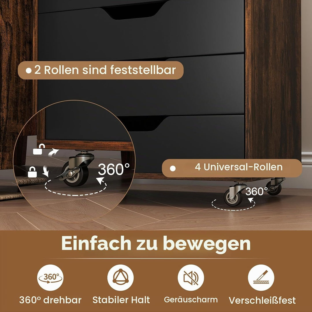 GIANTEX Rollcontainer mit 4 Schubladen &amp; 2 Schränke, Aktenschrank mit Rollen, Schubladenschrank Holz