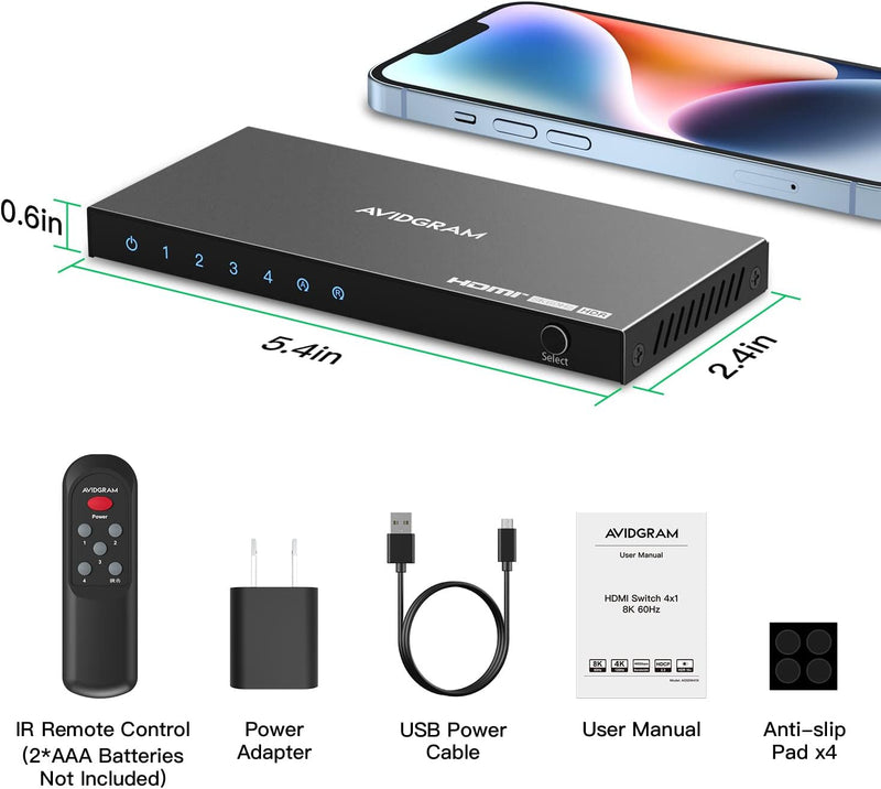 HDMI 2.1 Switch 8K 60Hz, AVIDGRAM HDMI Switch 4 in 1 Out mit IR-Fernbedienung, 4 Port 4K 120Hz HDMI