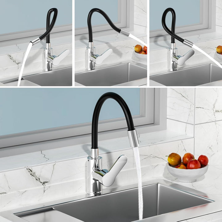 Spültischarmatur 360° Drehbar, Wasserhahn Küche Schwarz, Mischbatterie mit Flexibler Auslauf, Küchen
