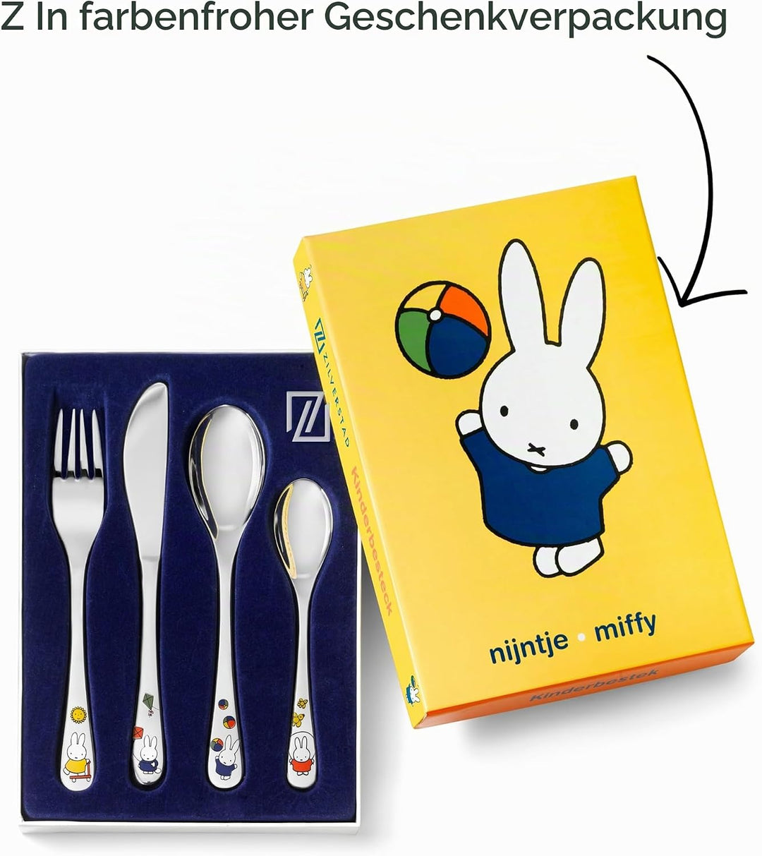 Zilverstad Kinderbesteck Miffy spielt, 4-teilig, Edelstahl, Silberfarben, 21.5 x 15.5 x 2.5 cm