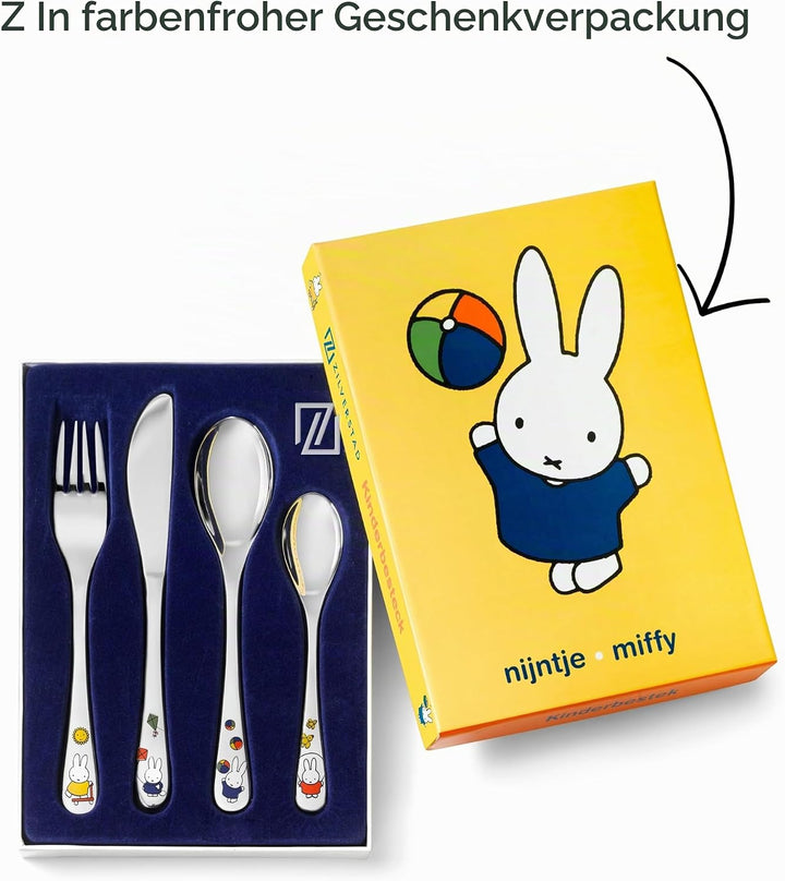 Zilverstad Kinderbesteck Miffy spielt, 4-teilig, Edelstahl, Silberfarben, 21.5 x 15.5 x 2.5 cm