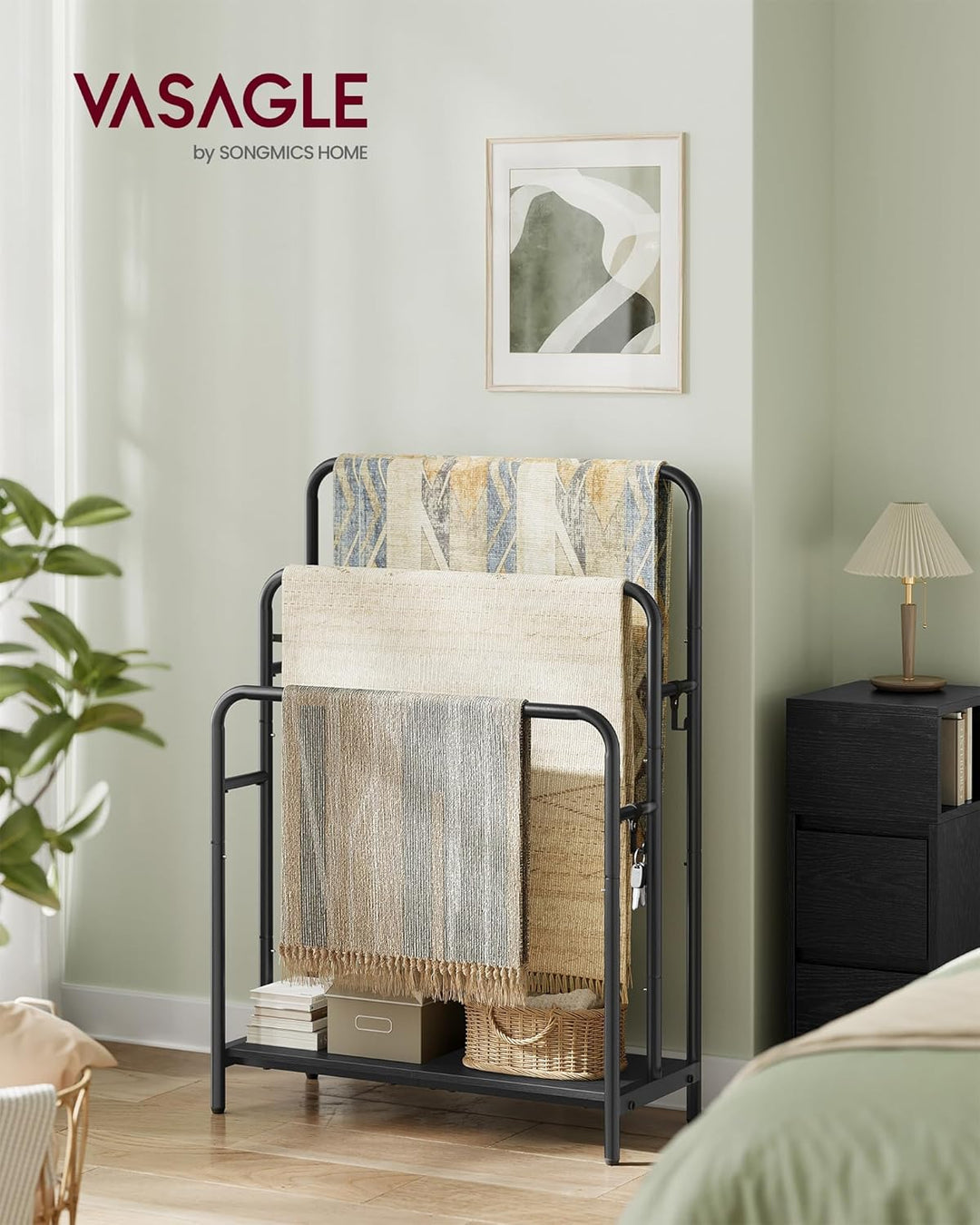 VASAGLE Handtuchhalter, stehend, Handtuchständer 3 Stangen, 70 x 30 x 100 cm, 2 Haken, Ablage, für D