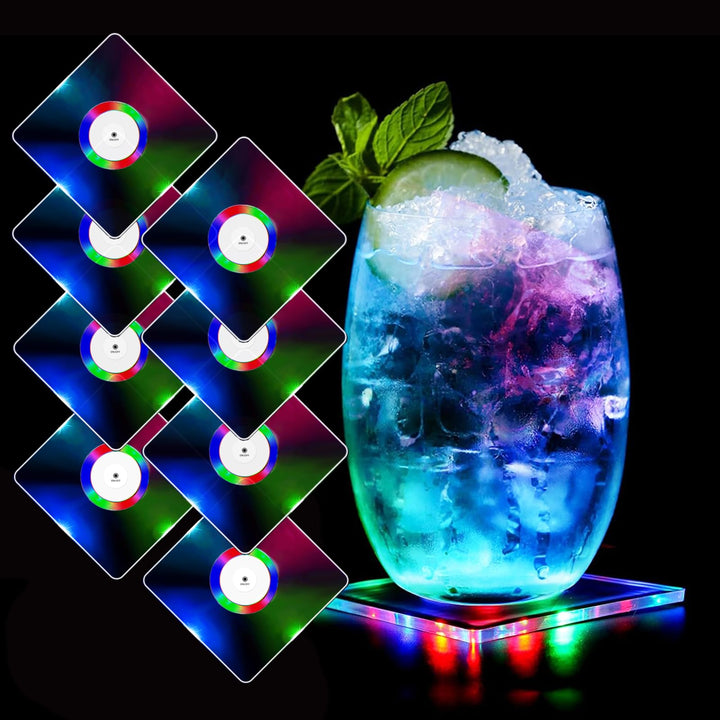 MEDOYOH 8er-Set Quadratisch Bunt LED Untersetzer für Getränke, ON/Off Taste Getränke Untersetzer Set