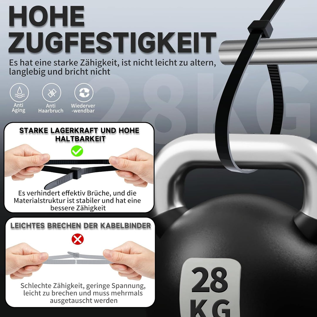 ZENIX Kabelbinder Schwarz 4.8mm x 300mm, 1000 Stück Kabelbinder UV Beständig lang, Schwarze Binder m