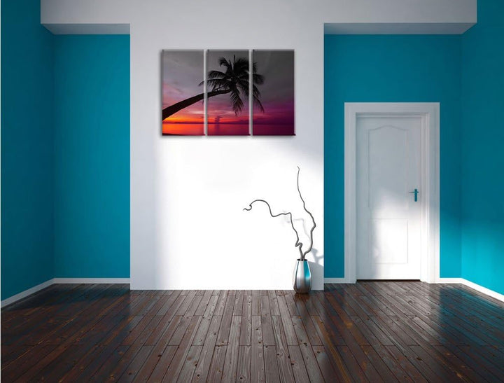 Pixxprint Palme am Meer mit Sonnenuntergang als Leinwandbild/Grösse: 3 Teilig (120x80) cm/Wandbild/K