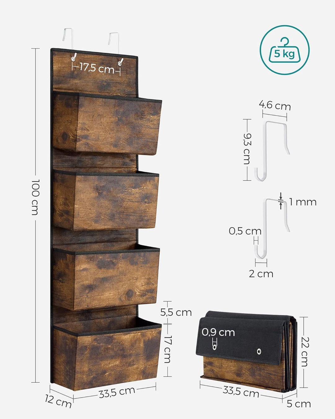 SONGMICS Hängeorganizer mit 4 Taschen, Hängeregal, Kleiderschrank-Organizer, Hängeaufbewahrung, Tür-