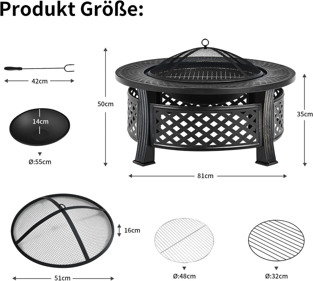 COSTWAY Feuerschale, Feuerstelle mit Grillrost, φ 81cm Feuerkorb mit Funkenschutz, Feuerschale für d