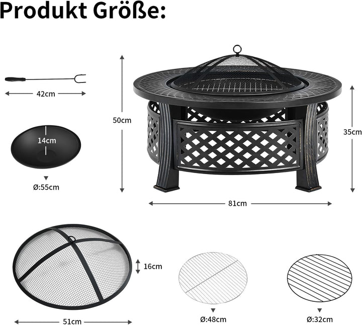COSTWAY Feuerschale, Feuerstelle mit Grillrost, φ 81cm Feuerkorb mit Funkenschutz, Feuerschale für d