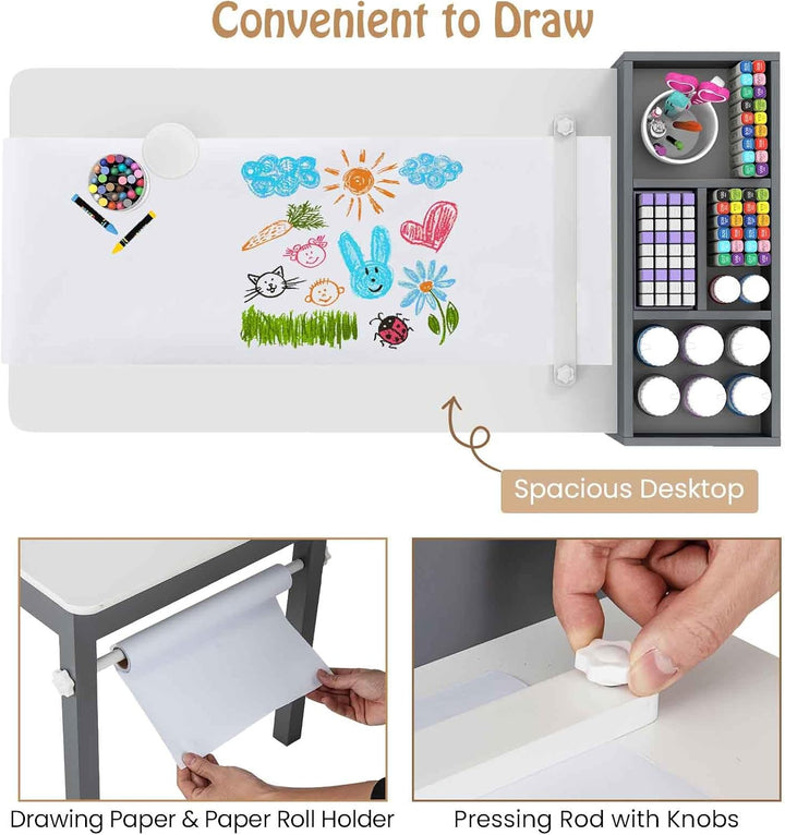 LIFEZEAL Kindertisch mit 2 Stühlen, Kinder Spieltisch und Stühle Set mit Papierrollen und 4 Stoffabl