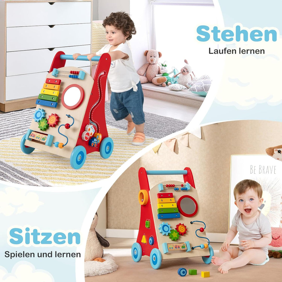 COSTWAY Lauflernhilfe Holz, Baby Lauflernwagen mit Griff, Stauraum & Rädern zum Schieben und Ziehen,
