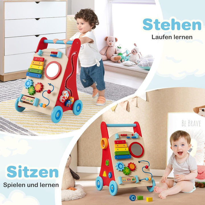 COSTWAY Lauflernhilfe Holz, Baby Lauflernwagen mit Griff, Stauraum & Rädern zum Schieben und Ziehen,