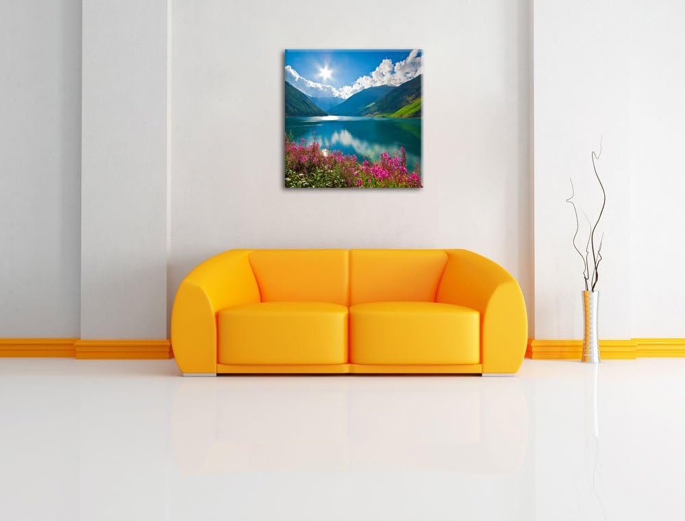 Blumenwiese am Bergsee, Format: 70x70 auf Leinwand, XXL riesige Bilder fertig gerahmt mit Keilrahmen