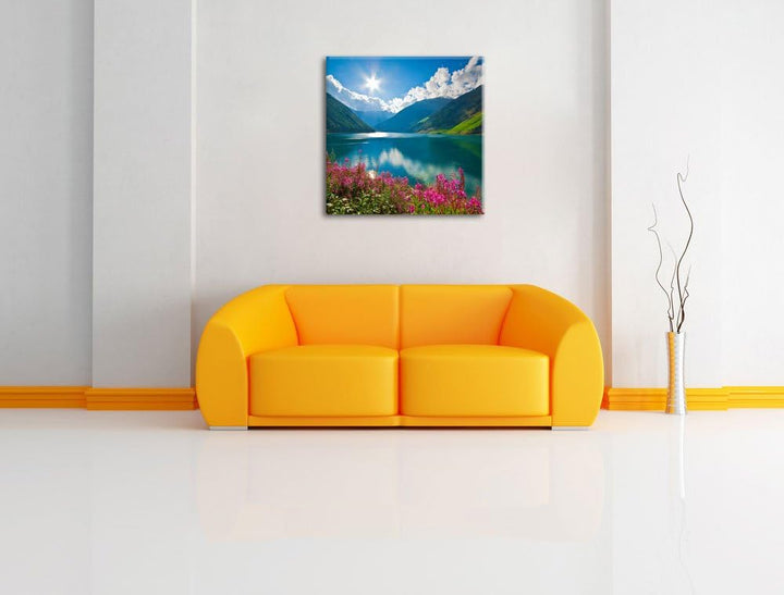 Blumenwiese am Bergsee, Format: 70x70 auf Leinwand, XXL riesige Bilder fertig gerahmt mit Keilrahmen