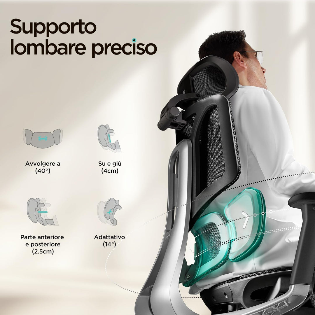 Hbada E3 Pro Ergonomischer Bürostuhl mit 3-Zonen dynamischer Lendenwirbelstütze, 4D verstellbare Kop