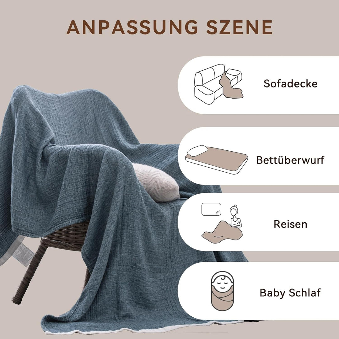 SE SOFTEXLY Musselin Decke 150 x 200 aus 100% Baumwolle, Weiche und Atmungsaktive Kuscheldecke, Leic
