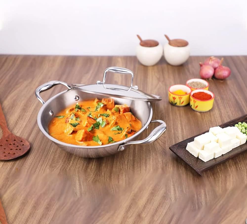 Vinod Wok mit Deckel, 3-lagig, antihaftbeschichtet, Induktionsherd, mit Deckel, Edelstahl, Kadai-Pfa