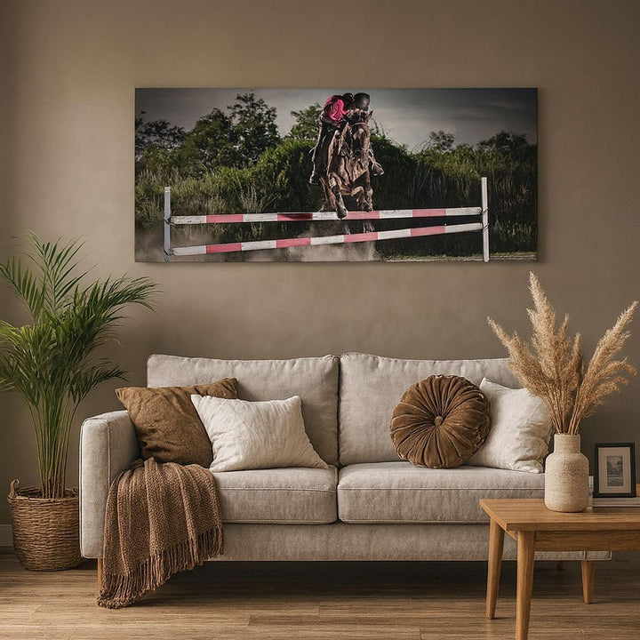 Wandbilder Dekoration Wohnzimmer Pferd Sport Hindernisse Himmel Panorama Bilder auf Leinwand 120x50c