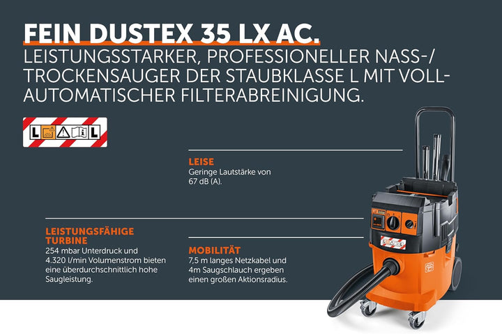 FEIN Dustex 35 LX AC, Leistungsstarker Nass-/Trockensauger der Staubklasse L mit vollautomatischer F