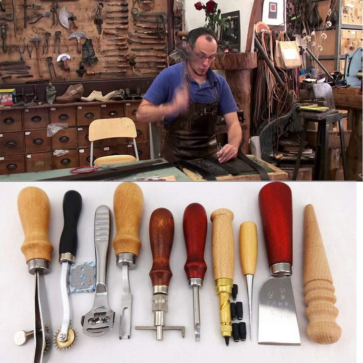 Grasomtools 18 Stück Leder Carft Punch Tools Kit Nähen Schnitzen Arbeiten Nähen Sattel Groover Leder