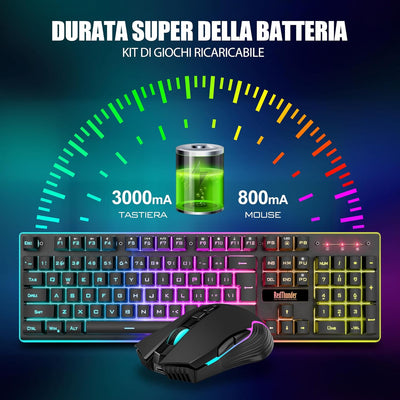 RedThunder K10 Combo Gaming-Tastatur, kabellos, IT-Layout, wiederaufladbarer Akku mit 3000 mAh und L